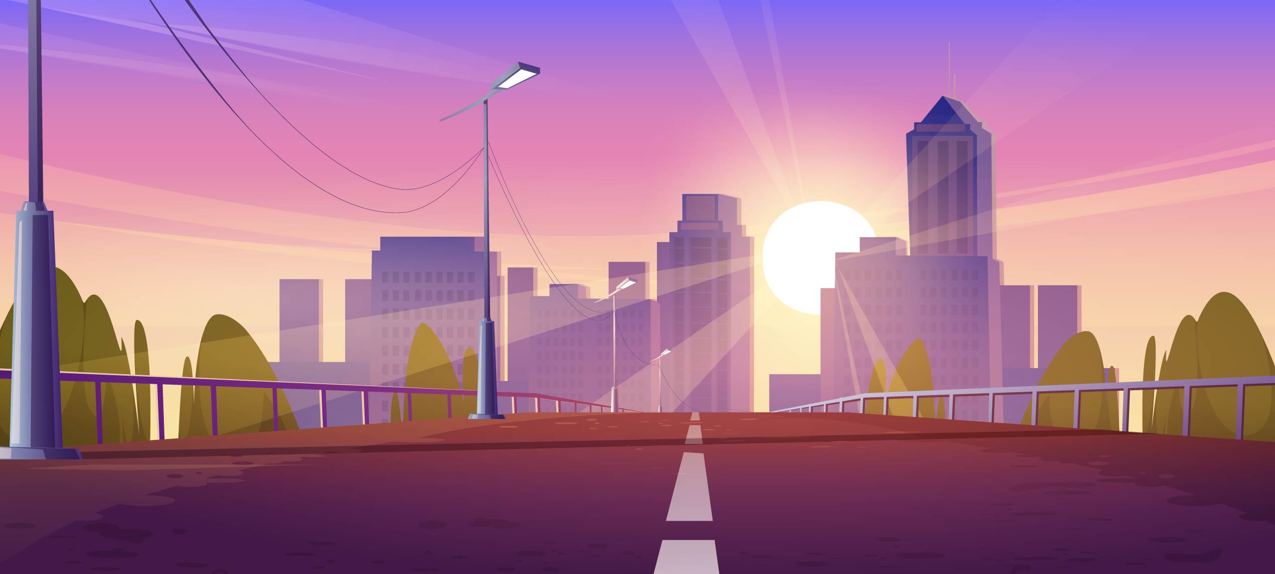 Illustration of a road with a view of the cityscape in the background at sunset